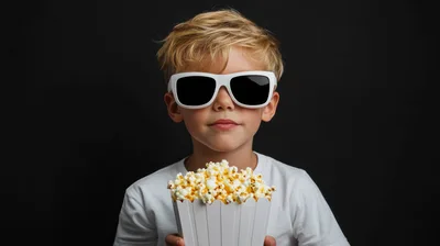 Young Boy Wearing Sunglasses Holding Popcorn
