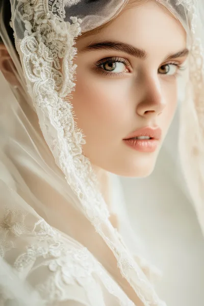 Portrait Of A Beautiful Bride Wearing A Lace Veil