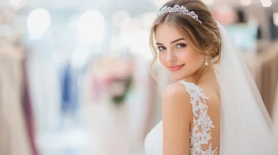 Beautiful Bride Looking Over Her Shoulder In Bridal Shop