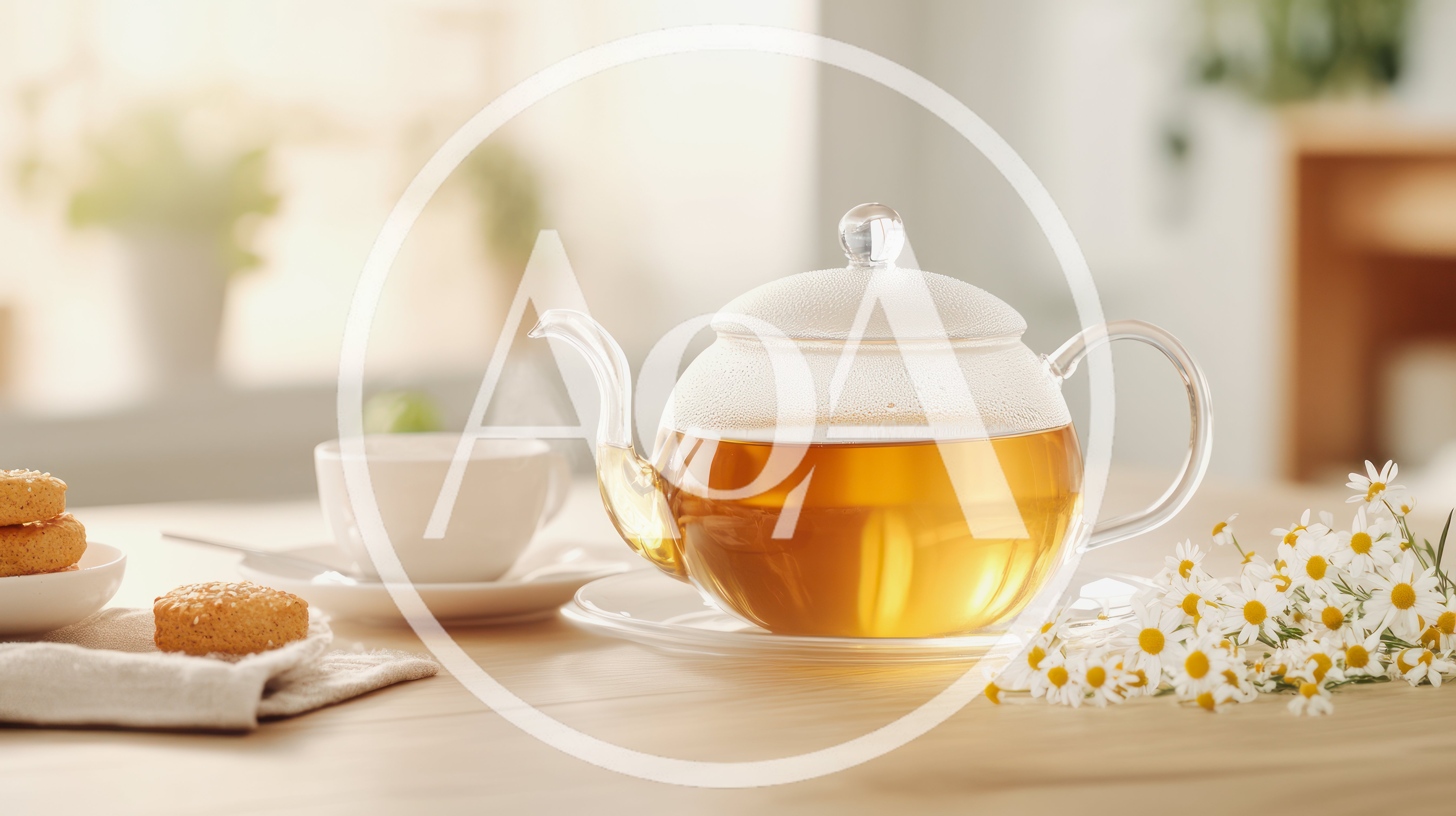 Glass Teapot With Chamomile Tea And Cookies