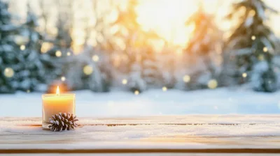 Lit Candle and Pinecone on Snowy Wooden Surface