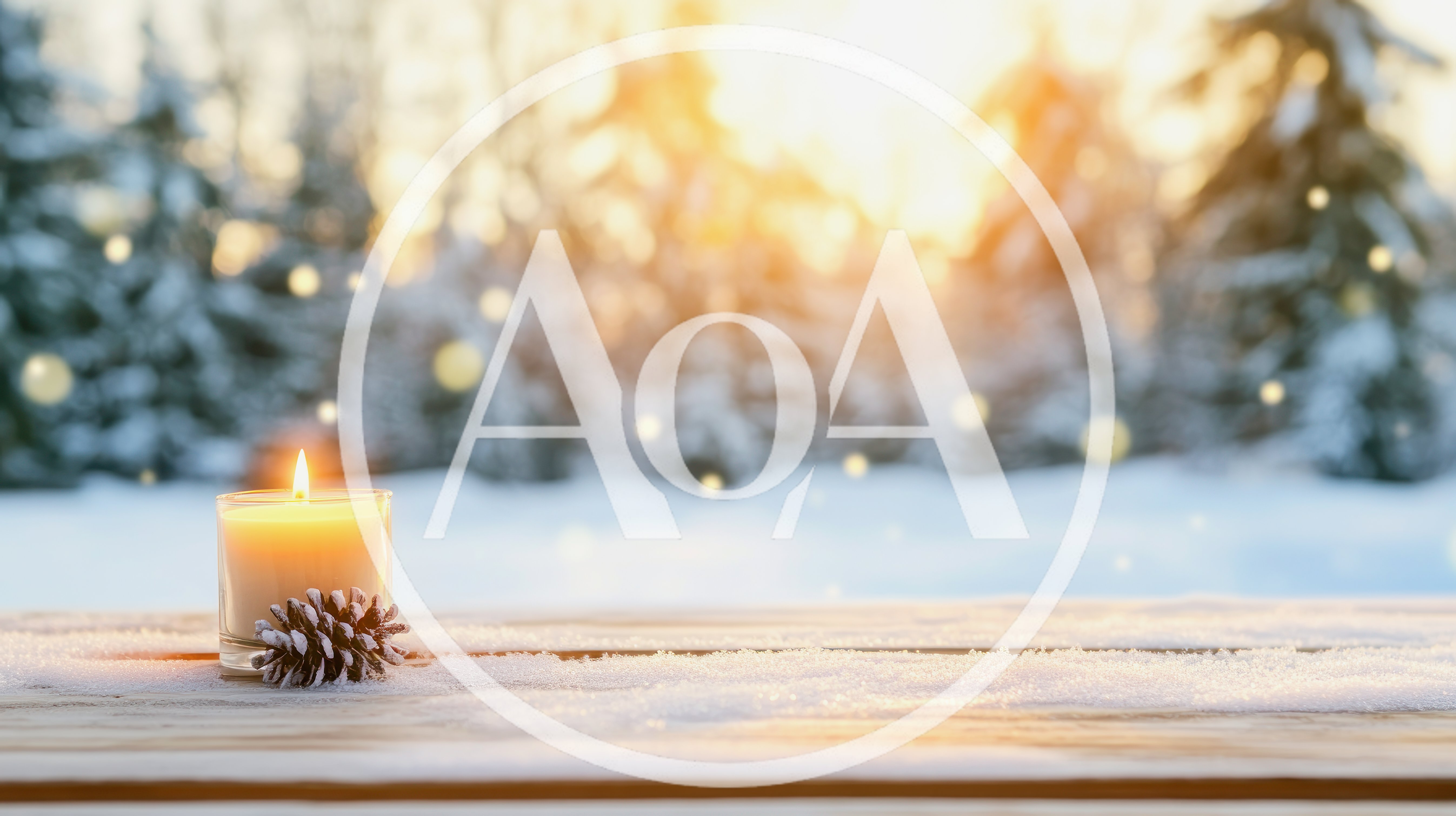 Lit Candle and Pinecone on Snowy Wooden Surface