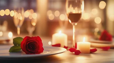 Romantic Candlelit Dinner Table Setting With Red Rose