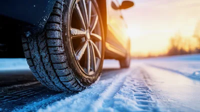 Close Up Of Car Tire Driving On Snowy Road