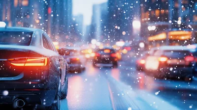 Traffic Moving Through City Streets During Heavy Snowfall