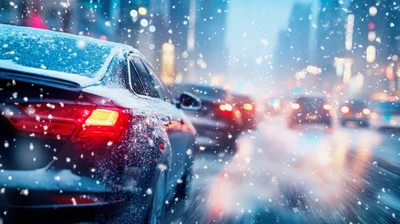 Car Driving Through Heavy Snowfall In City Traffic