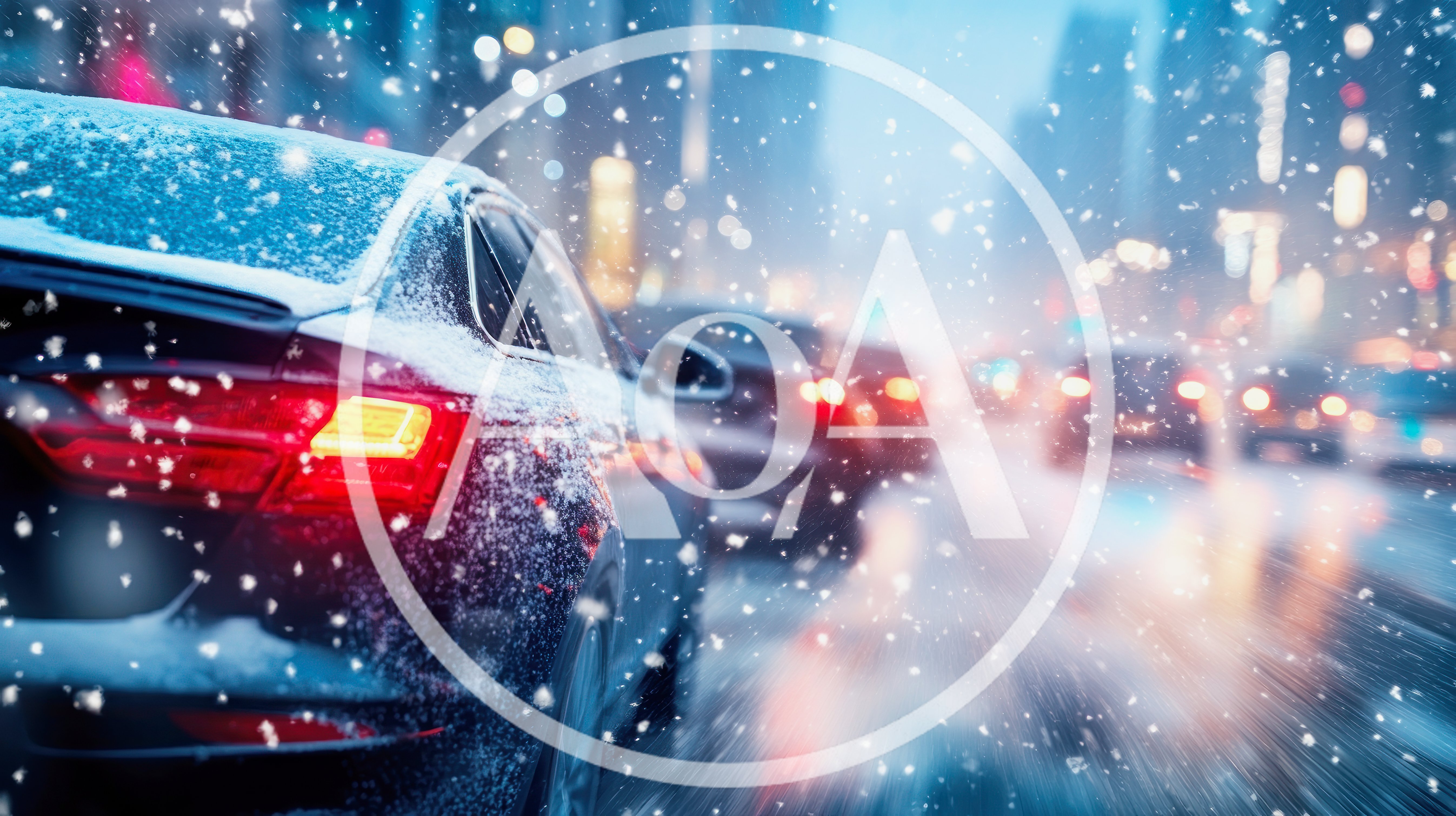 Car Driving Through Heavy Snowfall In City Traffic