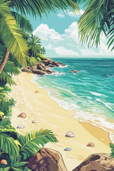 Tropical Beach Landscape With Palm Trees And Seashells