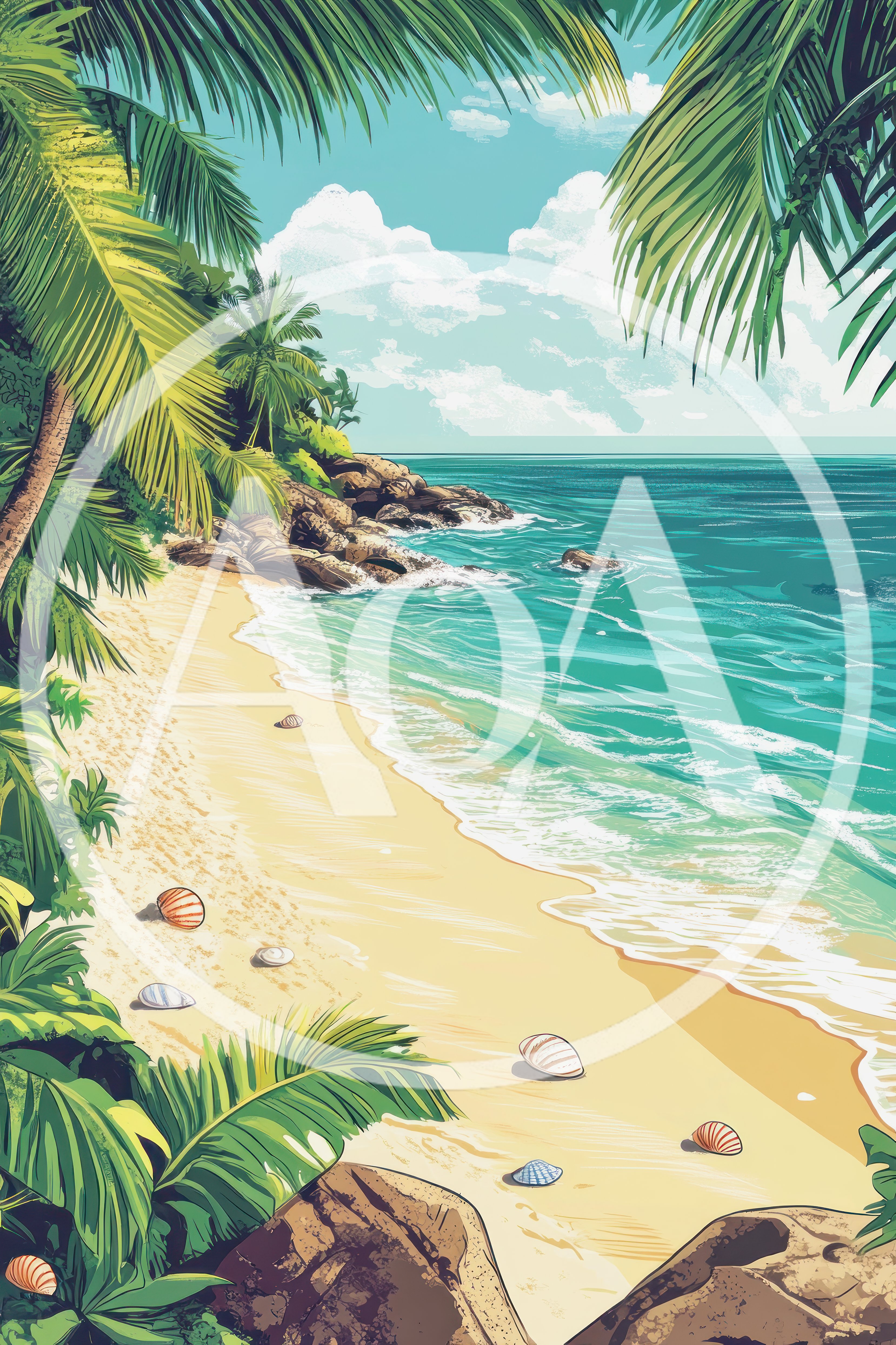 Tropical Beach Landscape With Palm Trees And Seashells