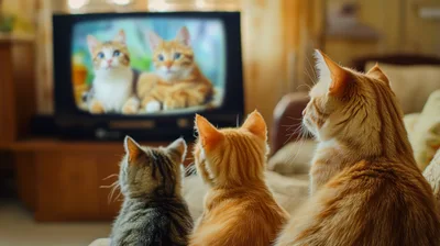 Three Cats Watching Television Together In A Living Room