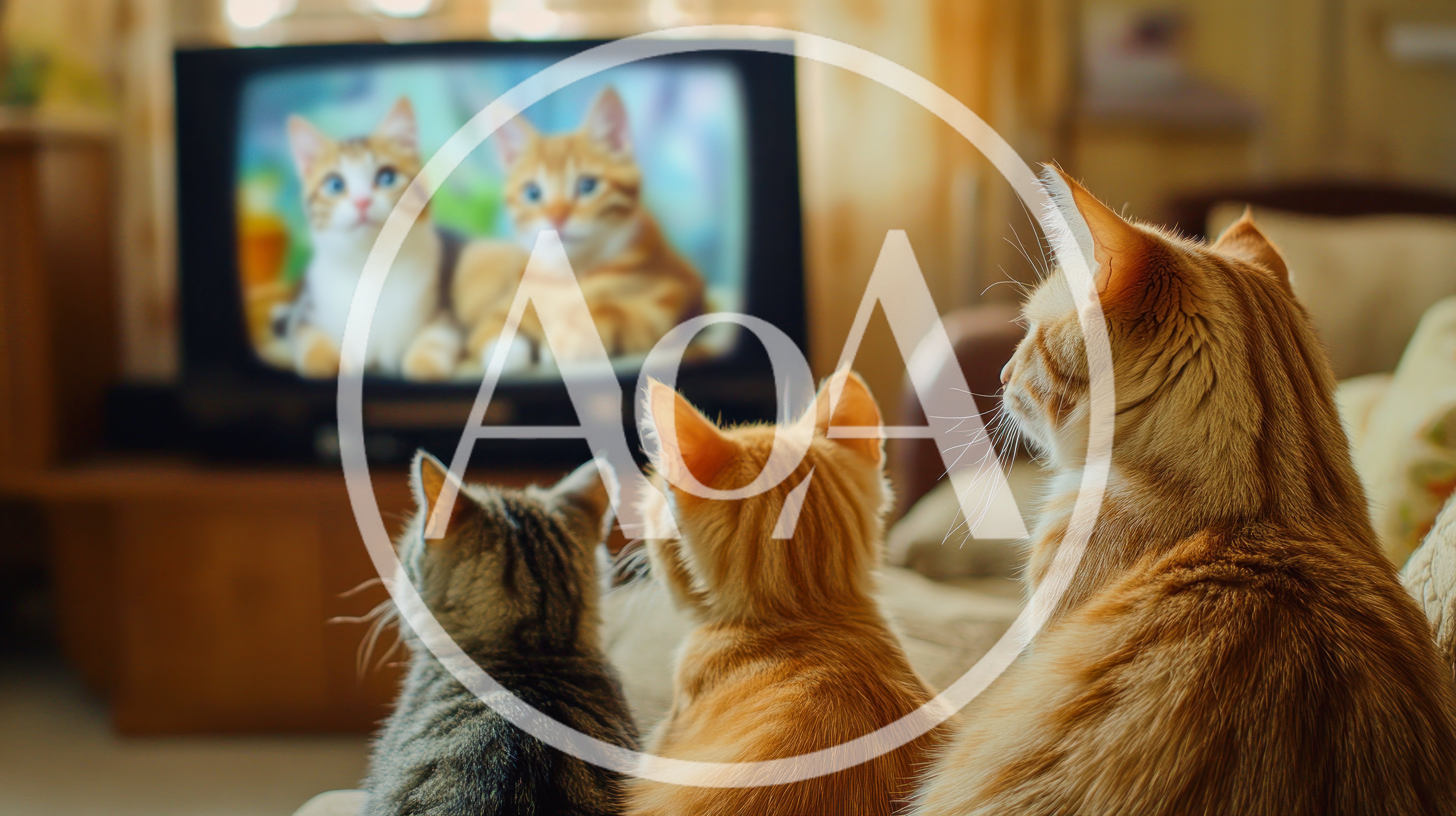 Three Cats Watching Television Together In A Living Room