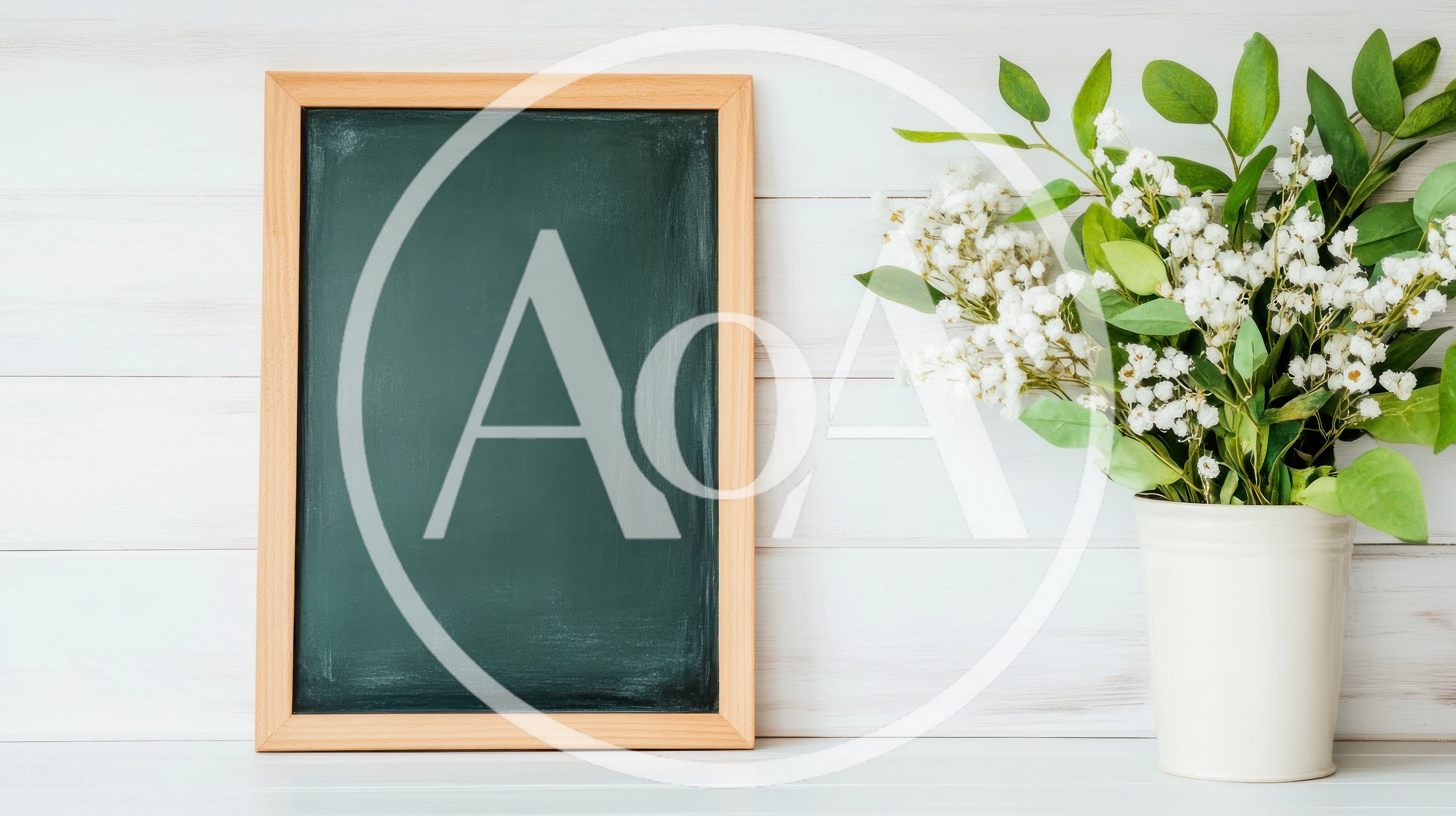 Blank Chalkboard With White Flowers In A Vase