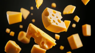 Floating Pieces Of Swiss Cheese On Black Background