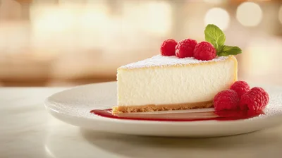 Slice Of Creamy Cheesecake With Fresh Raspberries