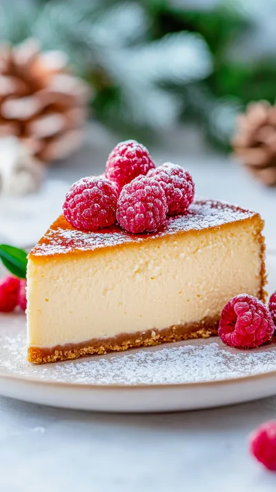 Slice of Creamy Cheesecake Topped with Fresh Raspberries