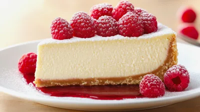 Slice Of Creamy Cheesecake Topped With Fresh Raspberries