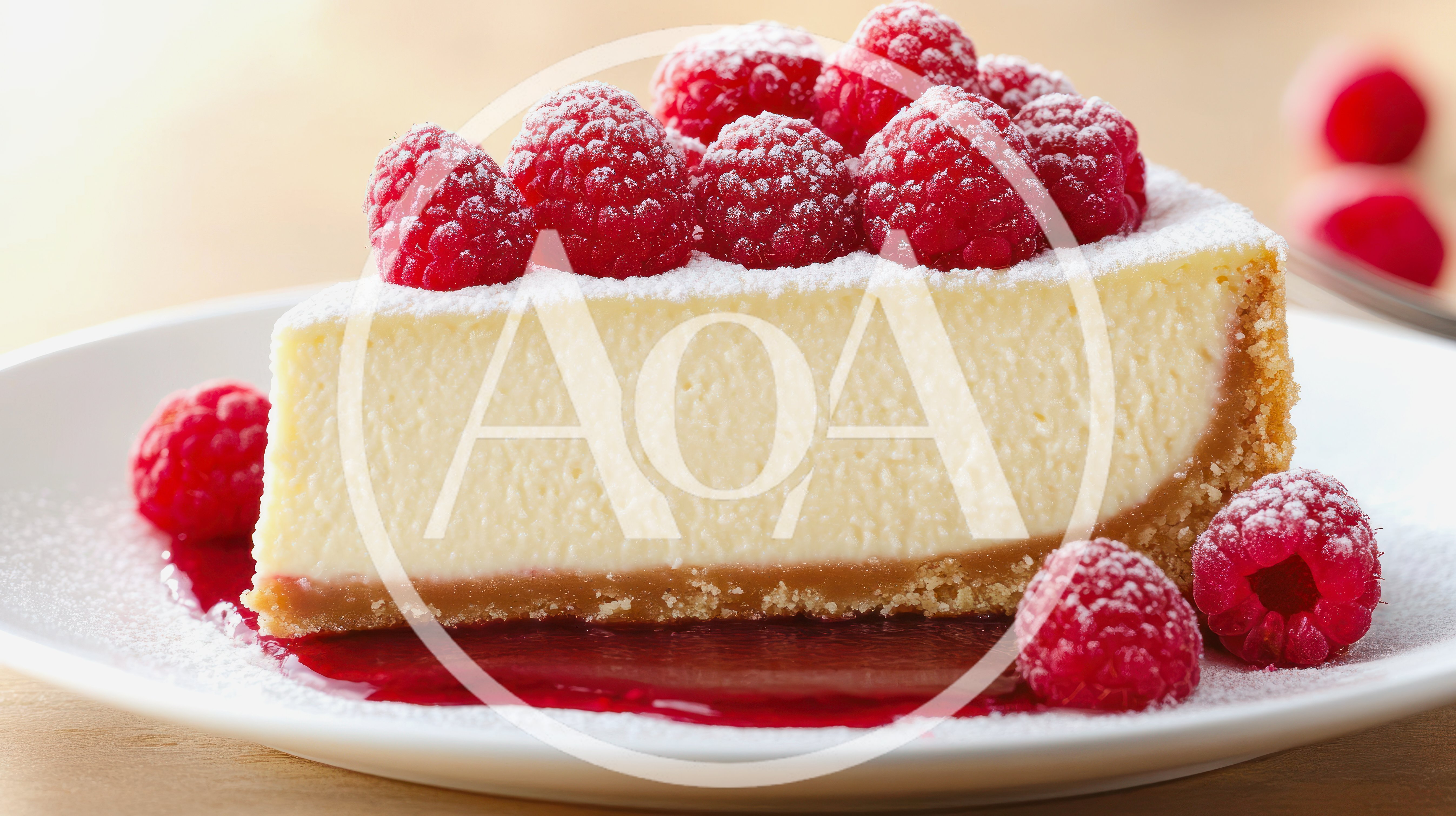 Slice Of Creamy Cheesecake Topped With Fresh Raspberries