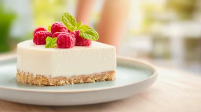 Single Slice Of Creamy Cheesecake With Fresh Raspberries