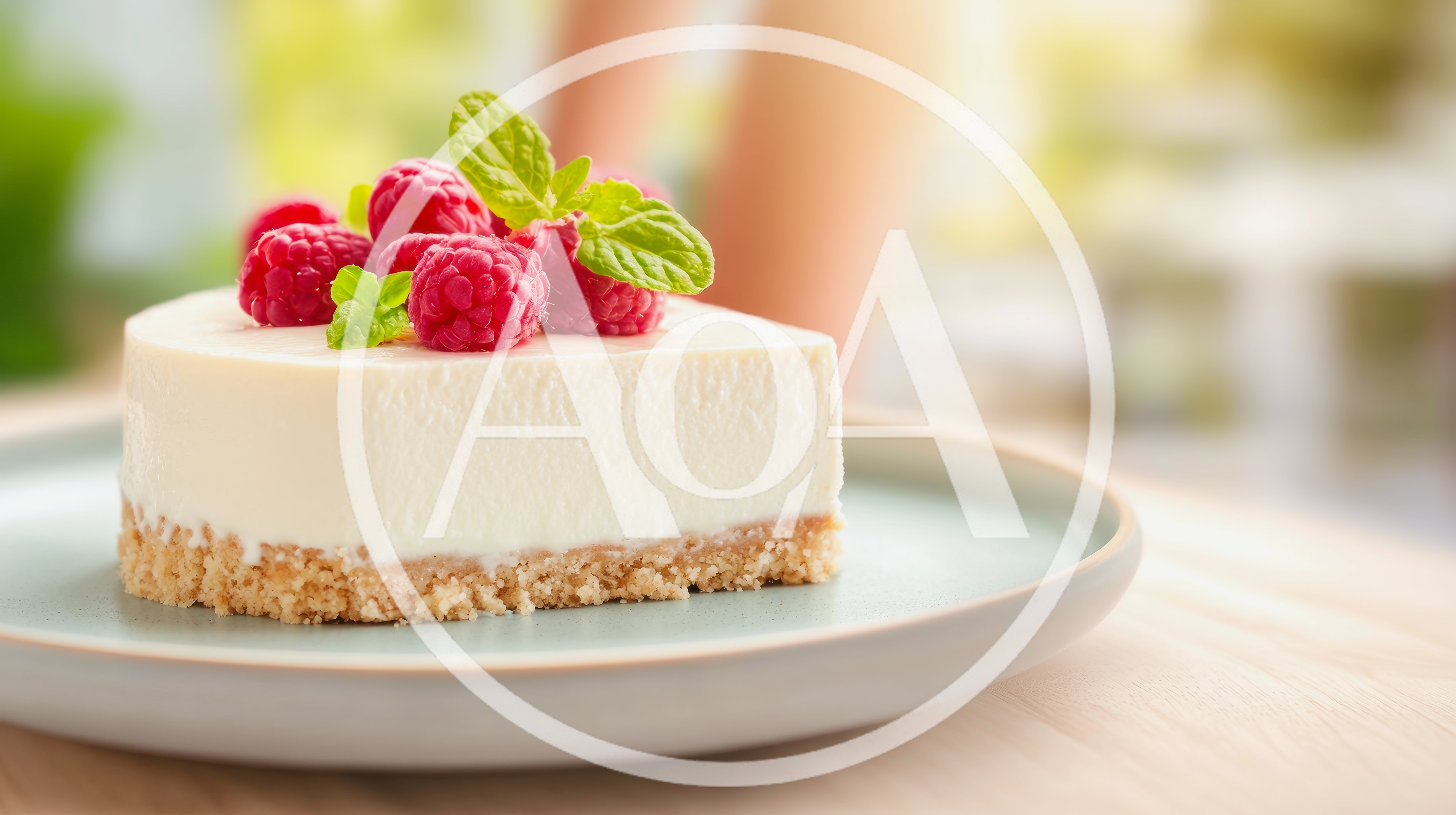 Single Slice Of Creamy Cheesecake With Fresh Raspberries