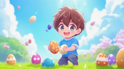 Cute Anime Boy Collecting Colorful Easter Eggs