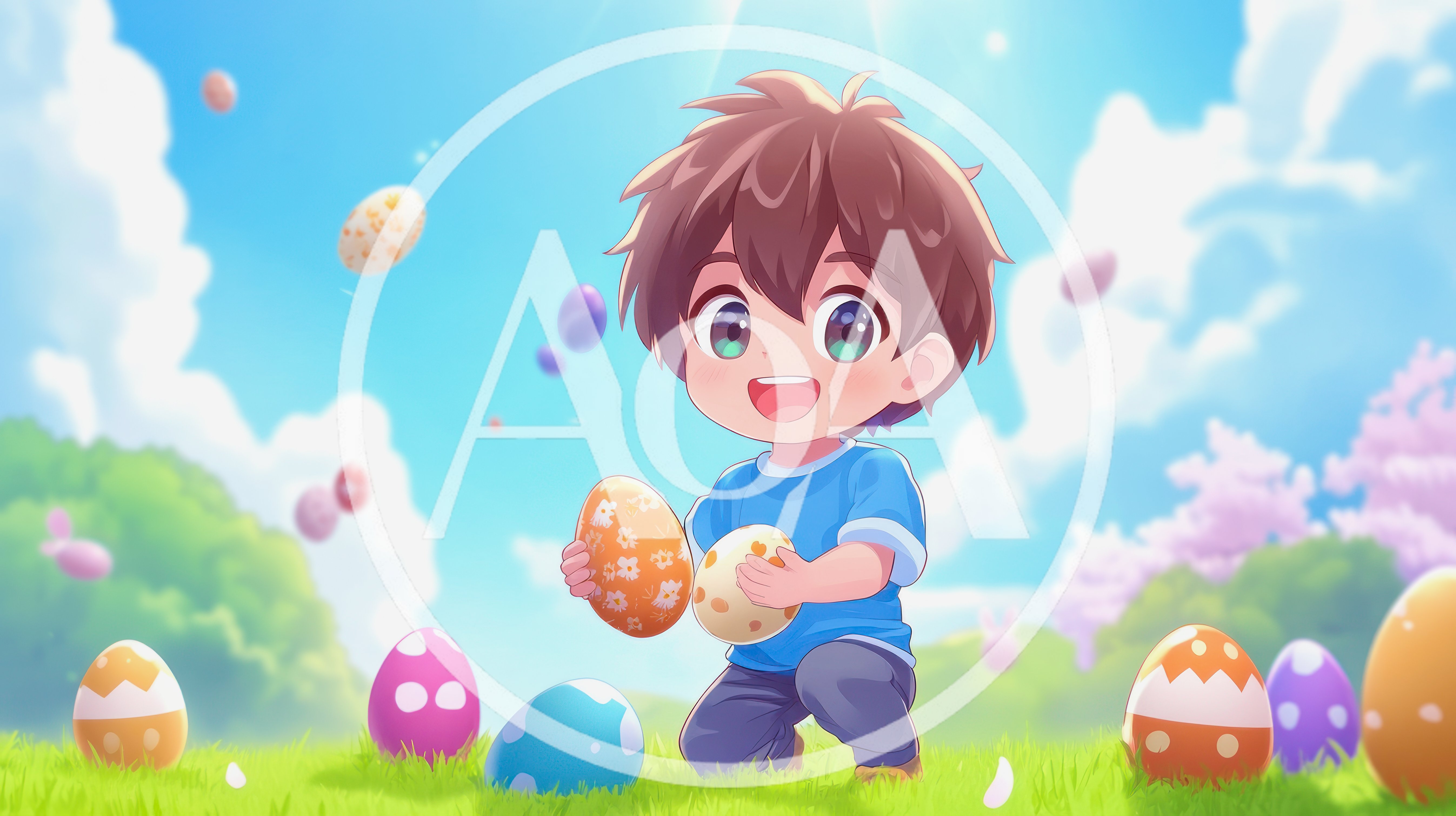 Cute Anime Boy Collecting Colorful Easter Eggs