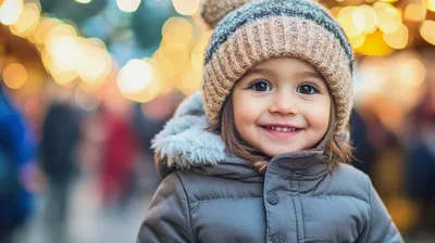 Portrait Of A Smiling Toddler At A Christmas Market