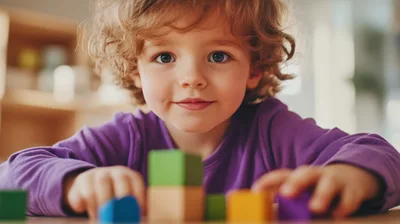 Toddler Playing With Colorful Wooden Building Blocks
