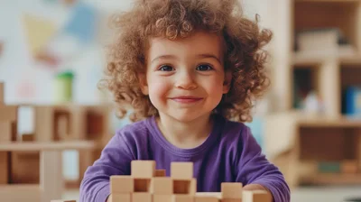 Toddler Playing With Wooden Blocks In A Classroom