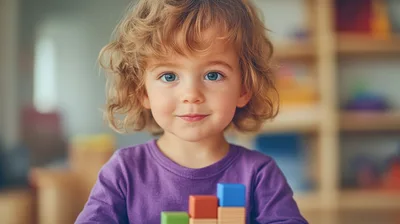 Toddler Playing With Colorful Wooden Building Blocks