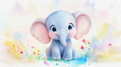 Cute Baby Elephant Watercolor Illustration