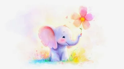 Cute Baby Elephant Holding A Flower Watercolor Illustration