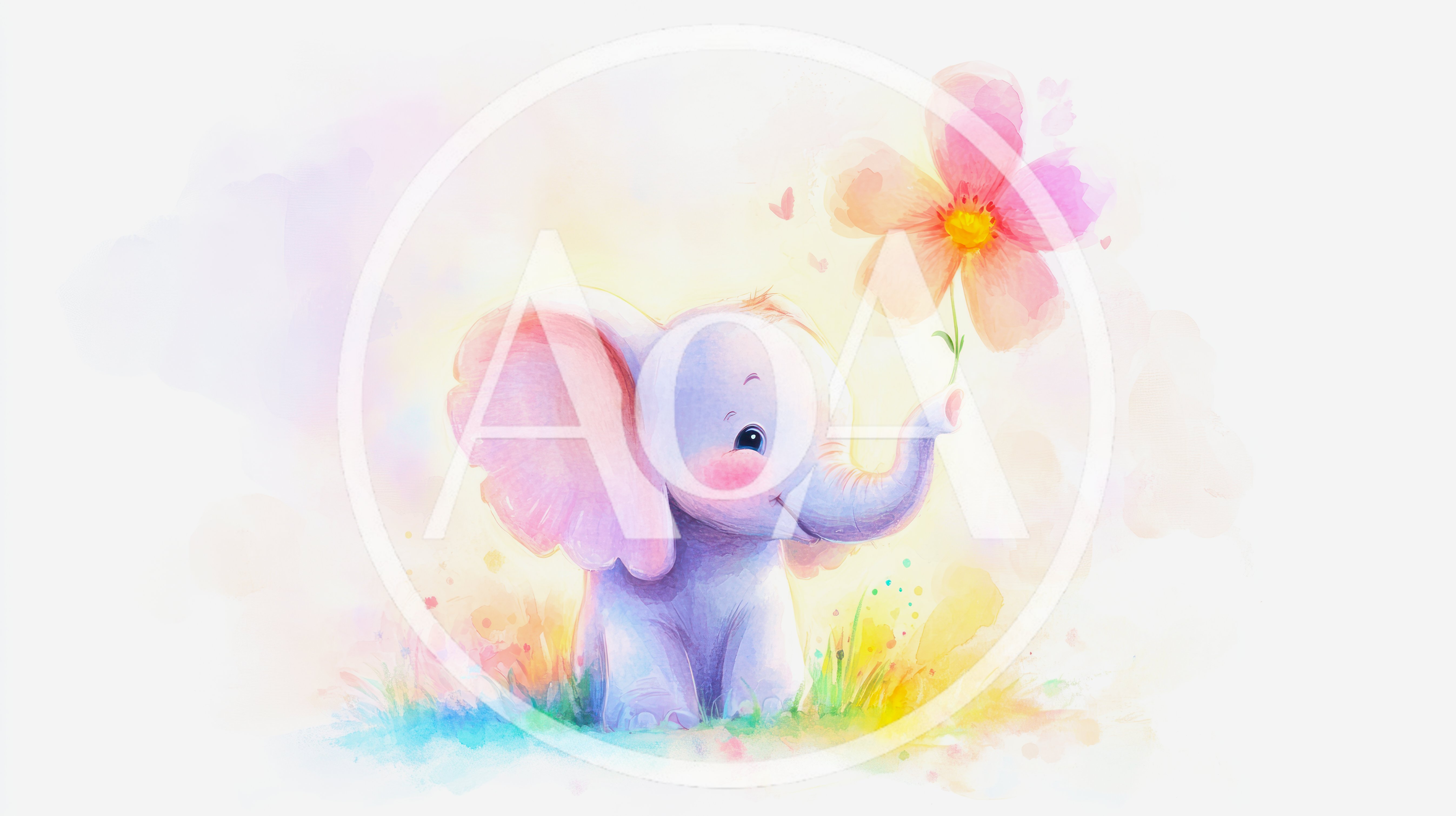 Cute Baby Elephant Holding A Flower Watercolor Illustration