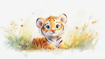 Cute Baby Tiger Sitting In A Grassy Meadow