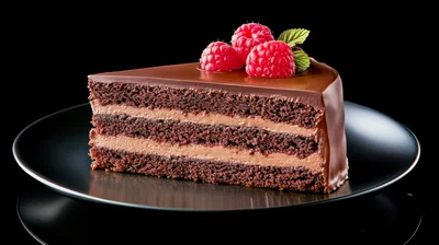 Slice Of Chocolate Layer Cake With Fresh Raspberries