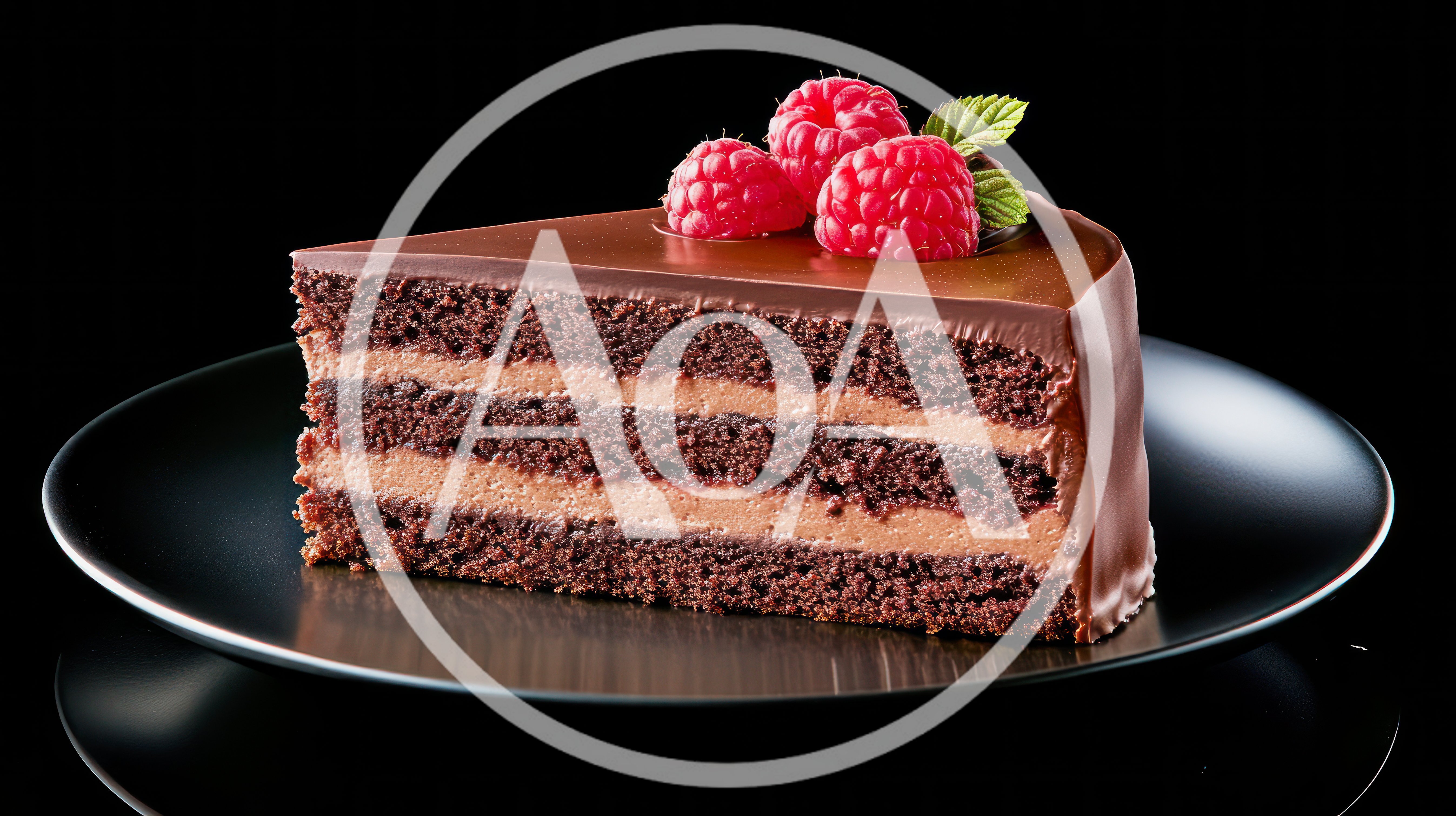 Slice Of Chocolate Layer Cake With Fresh Raspberries