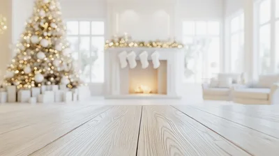 Empty Wooden Table In A Festive Christmas Living Room