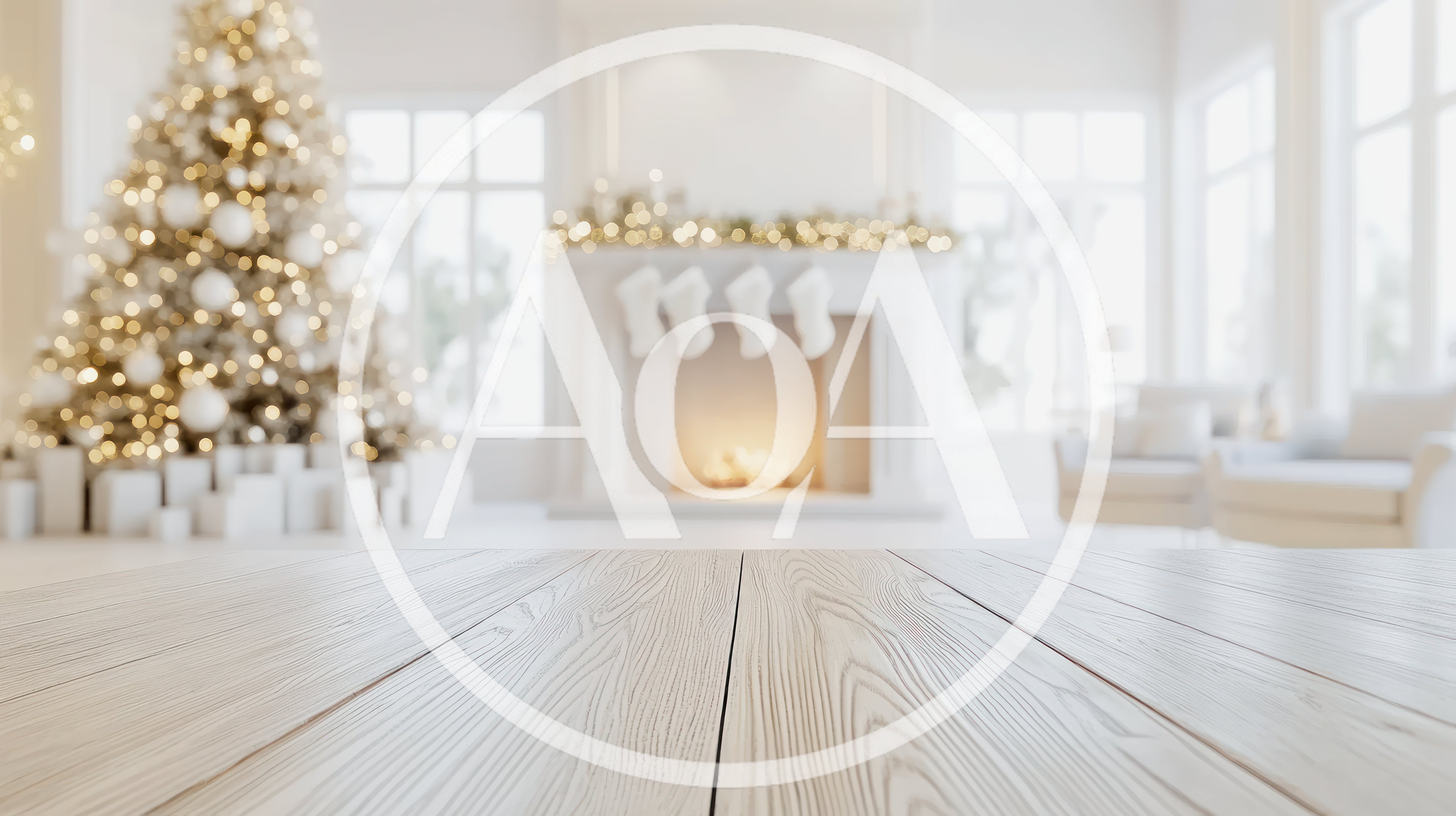 Empty Wooden Table In A Festive Christmas Living Room