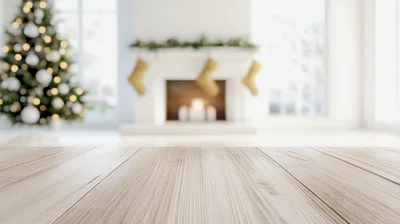 Empty Wooden Table In A Festive Christmas Living Room