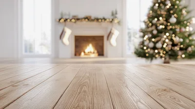 Empty Wooden Table In Festive Christmas Living Room