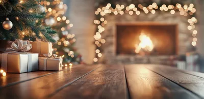 Christmas Gifts Under Tree With Fireplace Background