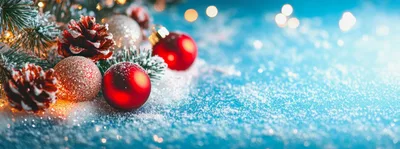 Christmas Ornaments And Pinecones On Snowy Blue Background