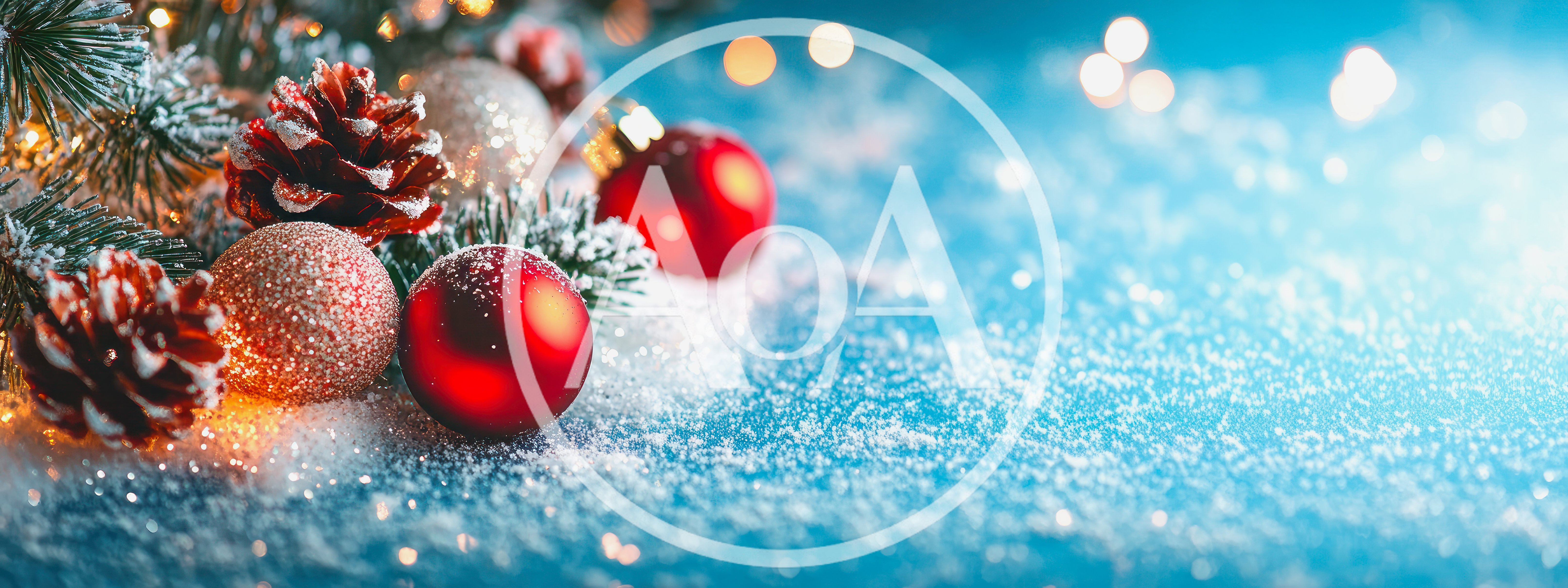 Christmas Ornaments And Pinecones On Snowy Blue Background