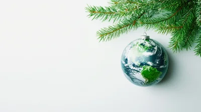 Earth Globe Christmas Ornament Hanging From Pine Branch