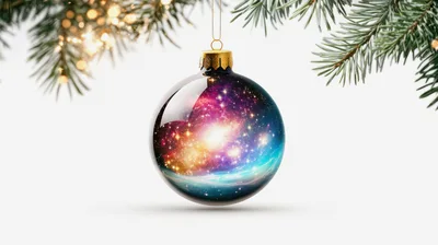 Christmas Ornament With Galaxy Design Hanging From Pine Branch