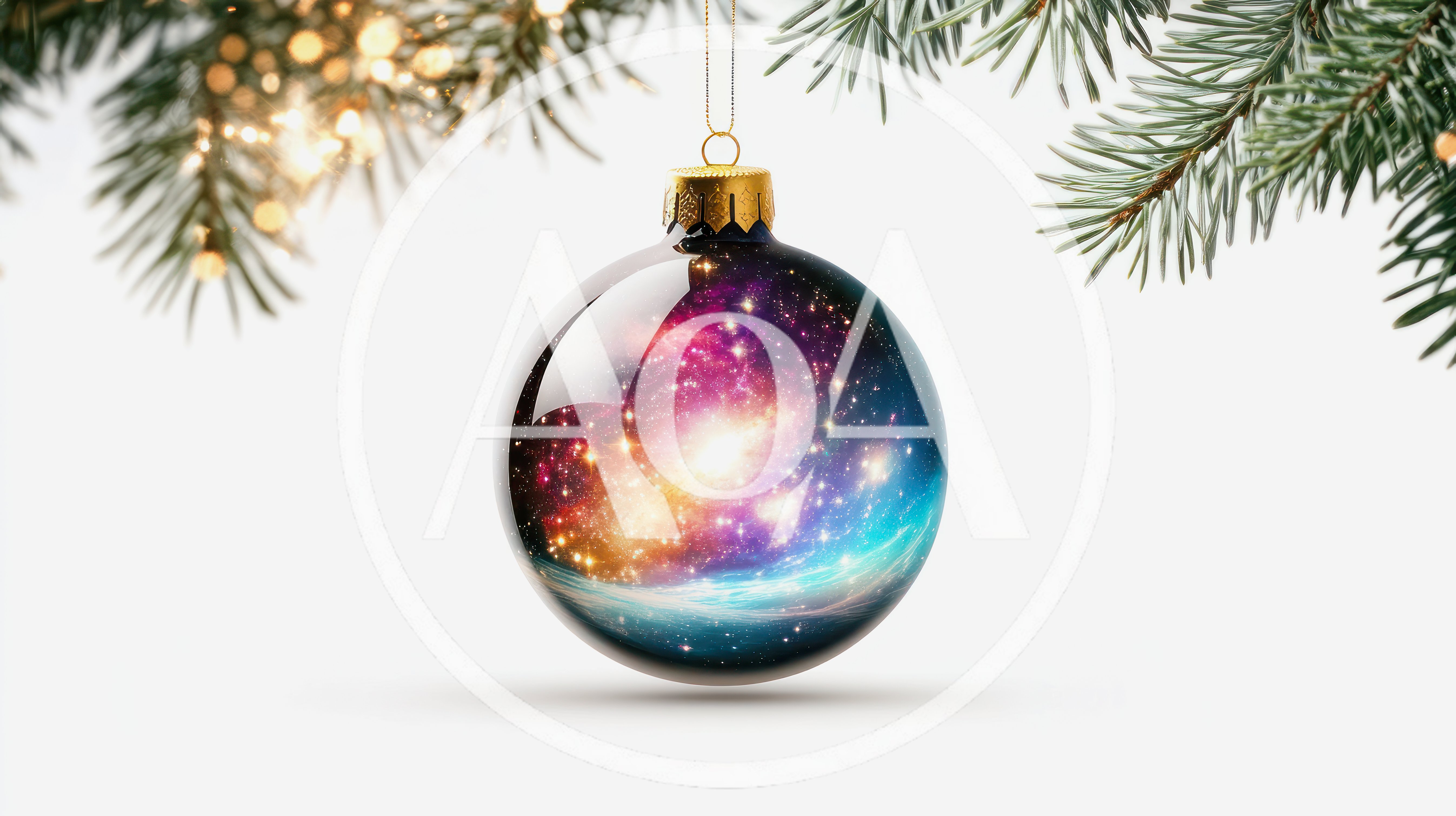 Christmas Ornament With Galaxy Design Hanging From Pine Branch
