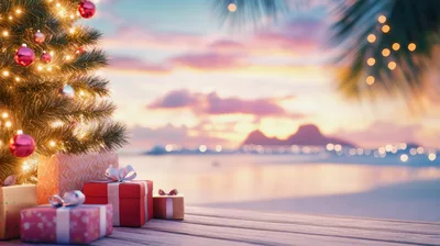 Christmas Tree With Gifts On Tropical Beach At Sunset