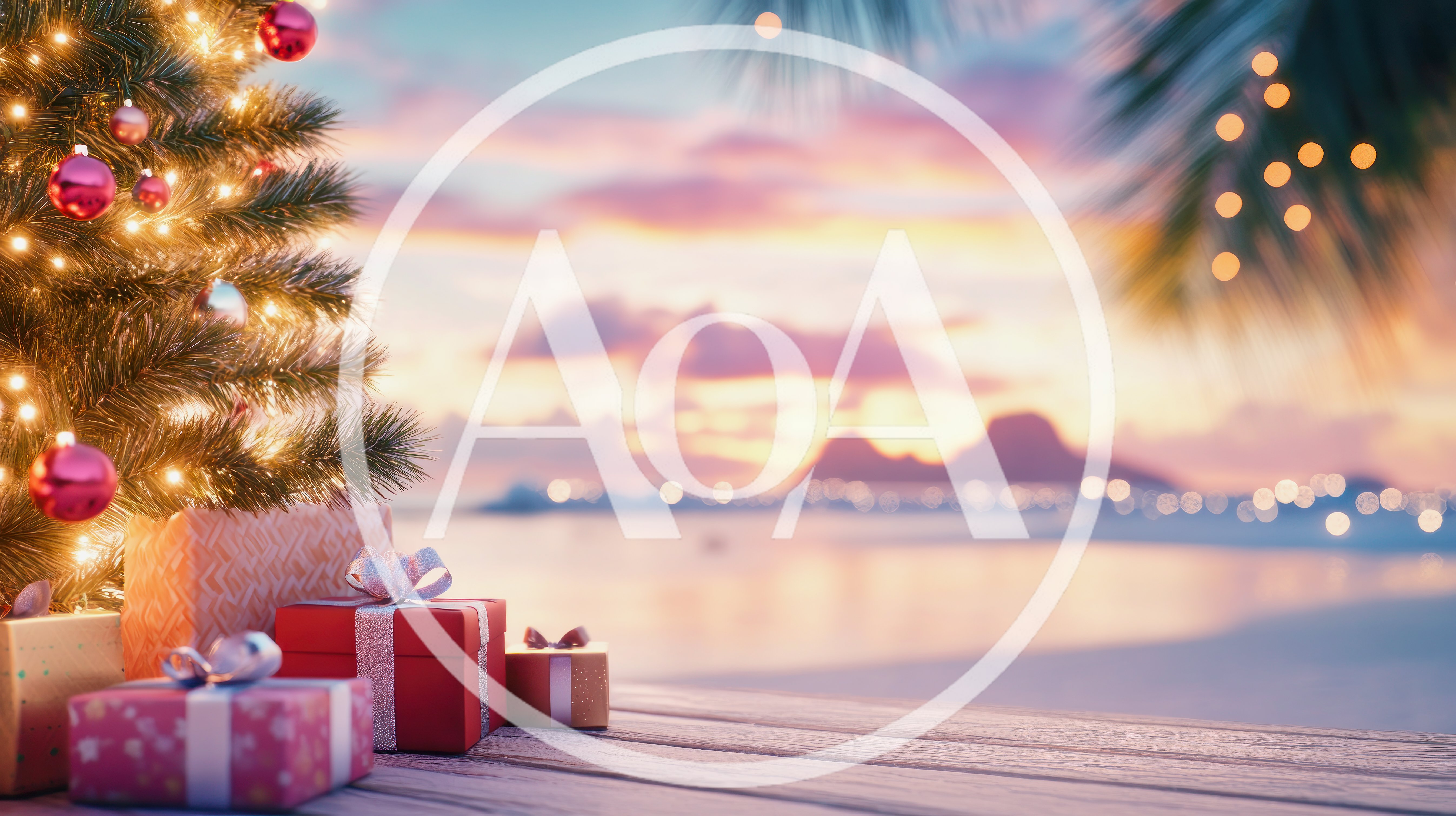 Christmas Tree With Gifts On Tropical Beach At Sunset