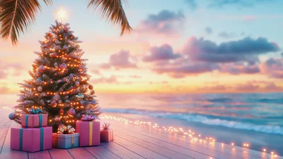 Christmas Tree With Gifts On Tropical Beach At Sunset