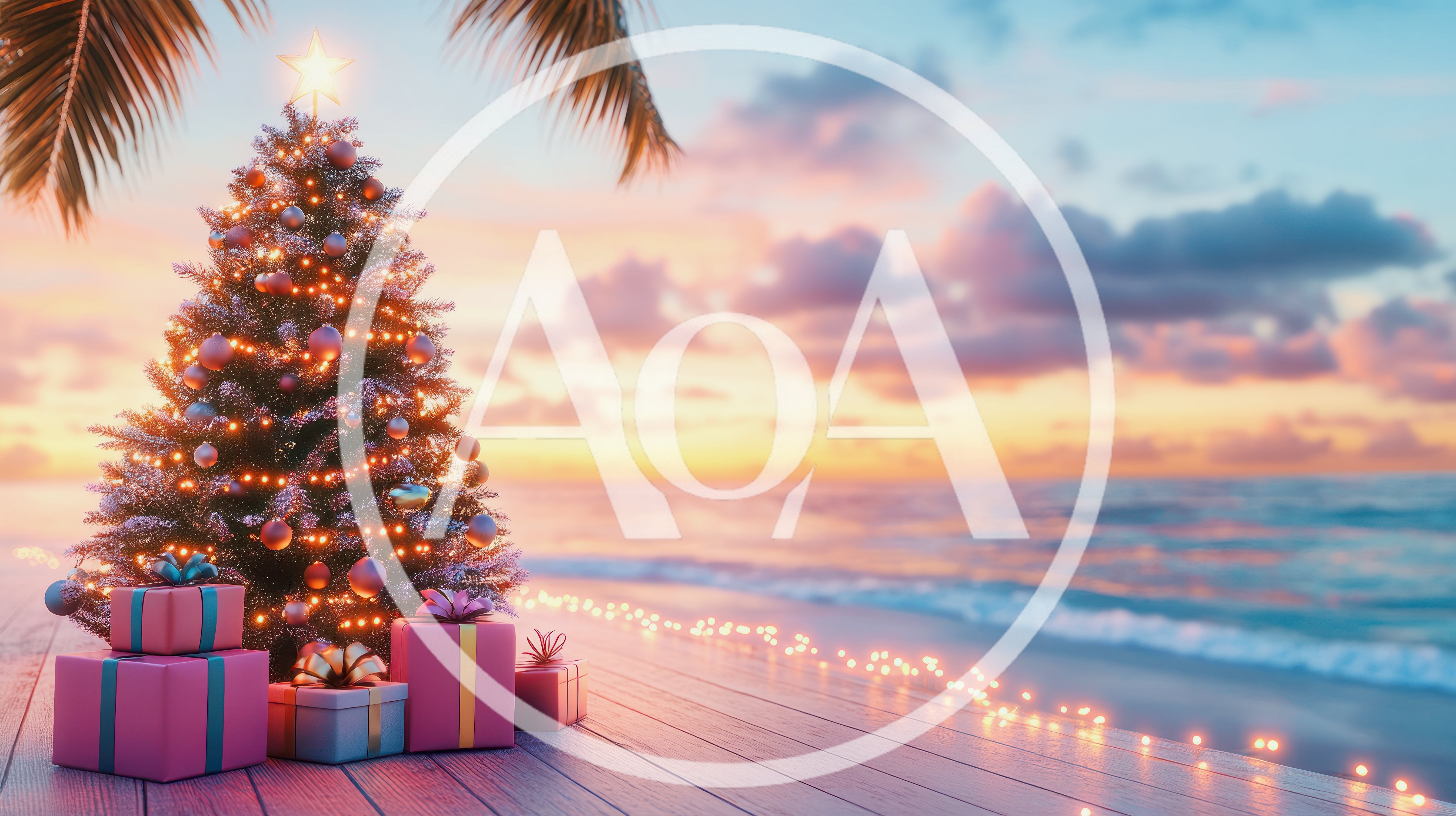 Christmas Tree With Gifts On Tropical Beach At Sunset