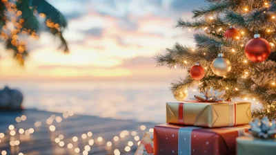 Christmas Tree With Gifts On Tropical Beach Pier